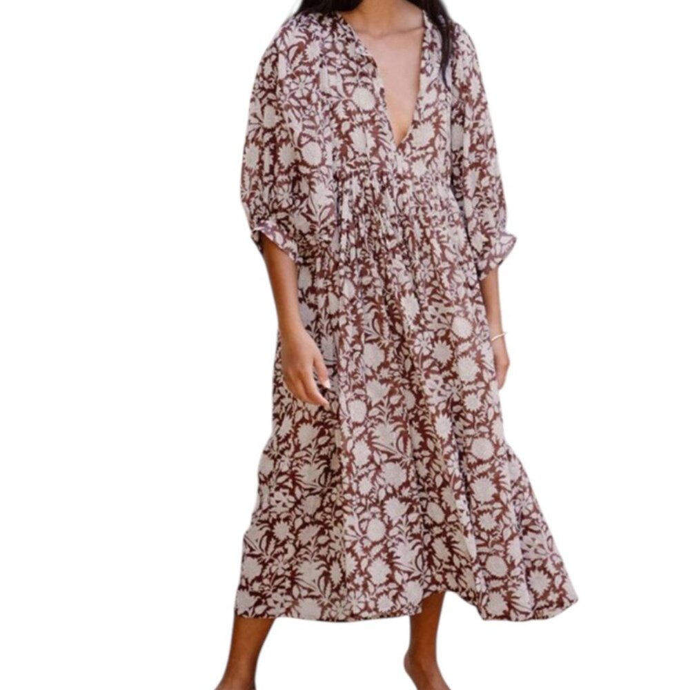 Daughters of India Cream and Brown Floral Mini Dress